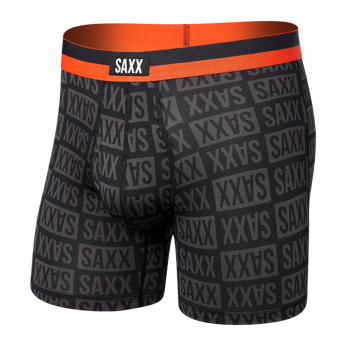 Bokserki sportowe męskie z rozporkiem SAXX SPORT MESH Boxer Brief Fly z napisami – czarne